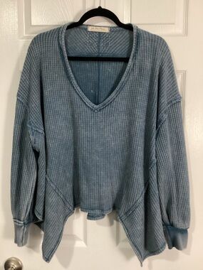 Free People Washed Blue V-Neck Oversized Waffle Sweater